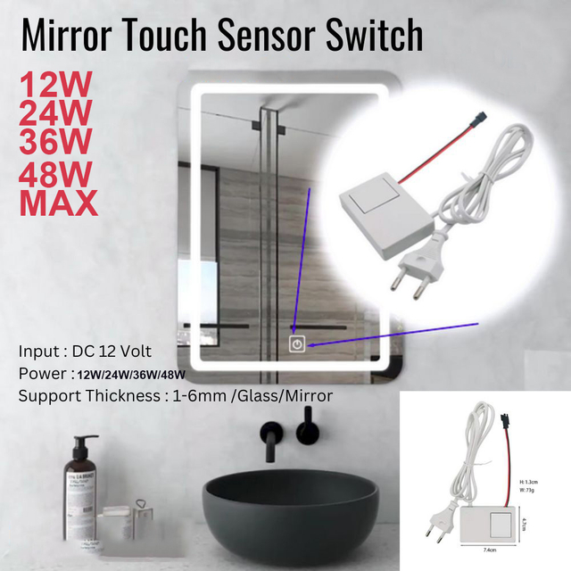 Mirror Touch Sensor with Adapter 220 Volt Input & 12 Volt, 12 Watt/24W/36W/48W Output